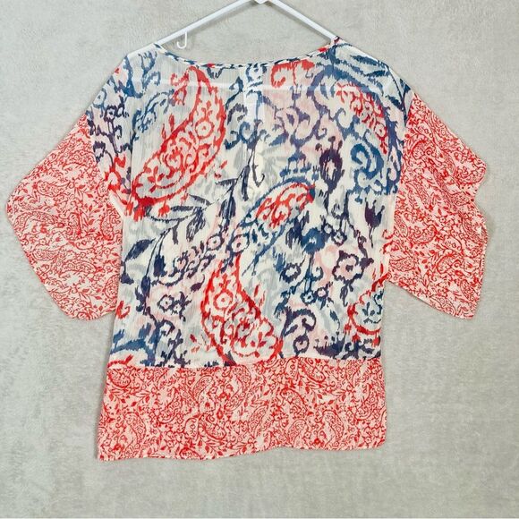 Chico's Paisley Ikat Print Flutter Sleeve Sheer Boxy Boho Blouse Top Medium NEW - Picture 3 of 8